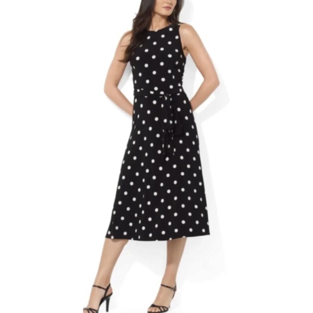 Lauren Ralph Lauren Black Polka Dot Sleeveless Midi Dress Size 6
